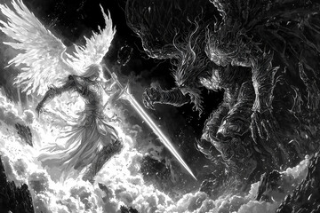 Epic Angel vs Demon Battle in Fiery Sky.