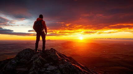 Conquering the Heights: Solitary Hiker Atop Mountain Summit at Sunset Embracing Challenges Ahead