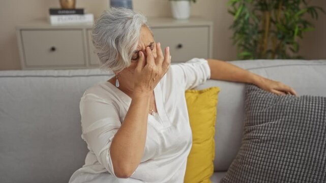 Grey-haired woman indoors at home looking tired as she removes her glasses and rubs her eyes while sitting on a couch in a living room.