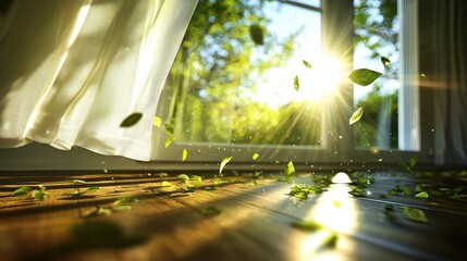 Serene View: Sunlit Landscape through Open Window with Fluttering White Curtains, Freshness and New Beginnings Concept