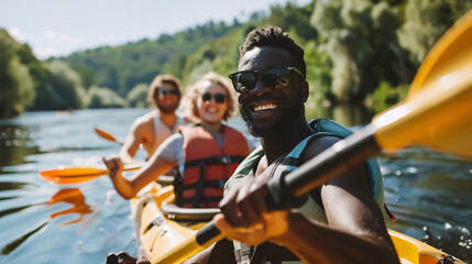Smiling and active multiethnic friends in life vests paddling in a sportive kayak during a summer day on a picturesque river. Banner.