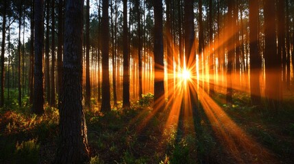 Fototapeta premium Ethereal Dawn in Vibrant Forest: Sunlight Streams Through Tall Trees, Illuminating Rich Textures and Lush Foliage