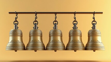 Obraz premium Temple bells, hanging in a row, golden background, soft lighting