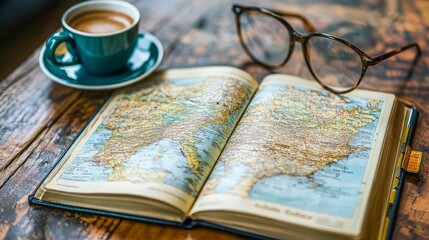 Travel guidebook, open on a table, coffee cup and glasses beside, natural light