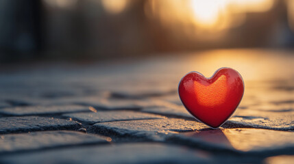 Fototapeta premium A vibrant red heart rests on cobblestone pavement during sunset, capturing the essence of love in a serene environment