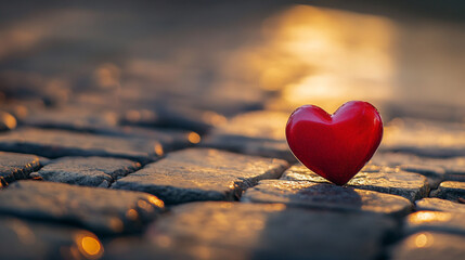 Fototapeta premium A vibrant red heart rests on cobblestones at sunset, symbolizing love and warmth in a tranquil outdoor setting