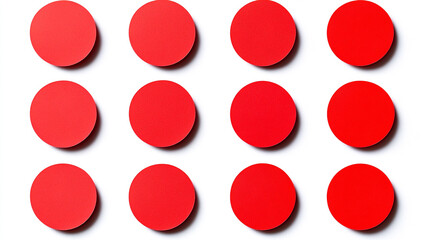 A collection of twelve evenly spaced red circles arranged in a grid against a white background showcasing simplicity and color contrast