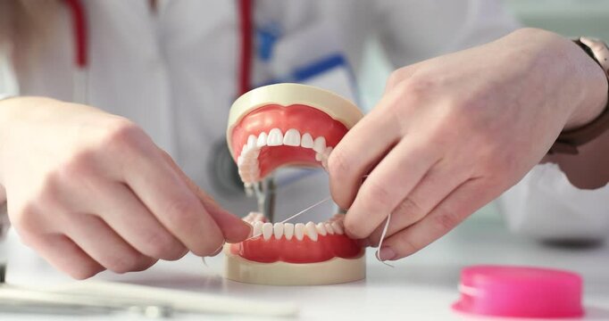 Demonstration of oral hygiene using dental floss technique