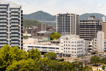 Hiroshima panoramic view. A city view of Hiroshima, from the old Hiroshima Castle, Japan