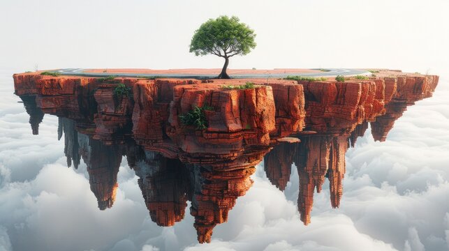 A lone tree stands on a floating island, surrounded by clouds.