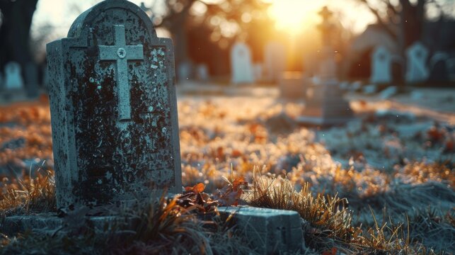 gravestones of a cemetery in a sunset