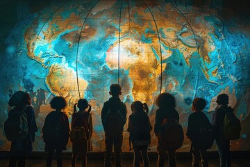 Obraz premium Children exploring a glowing globe, fascinated by the world. A captivating moment of discovery and curiosity in an educational setting.