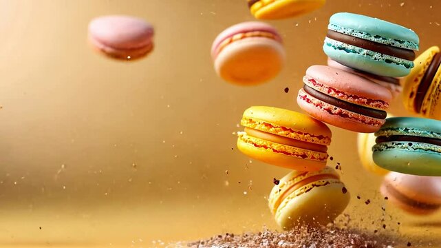 Flying colorful macarons with crumbs, Yellow background, Retro style, Warm tones