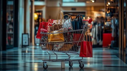 A shopping cart stuffed with fashionable outfits, shoes, and luxury accessories, stylish bags and clothes spilling over the edges, a busy boutique with elegant decor and sale signs in the background, 