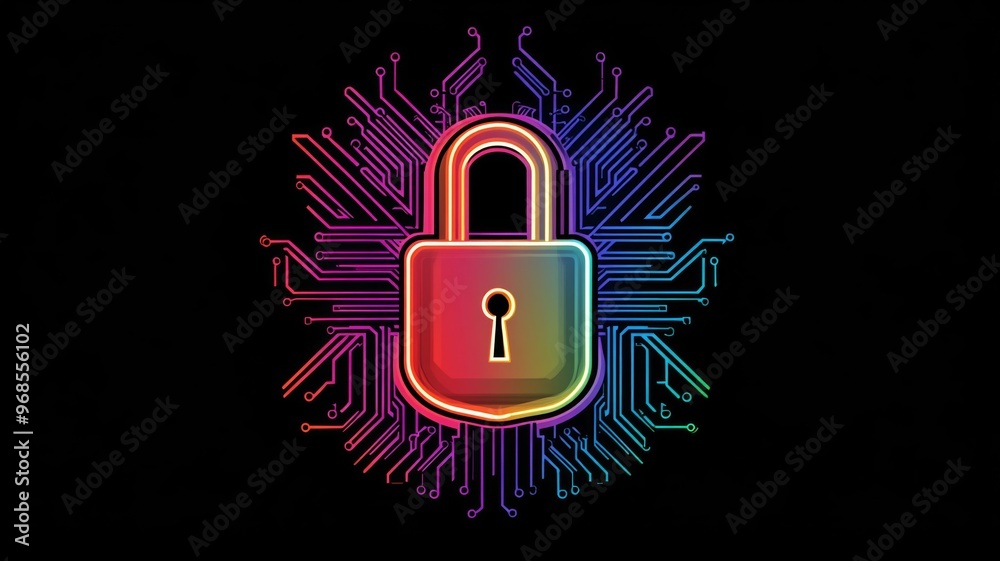 Aufkleber digital padlock with circuit design on black background, cybersecurity concept