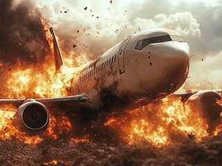 Fototapeta premiumCinematic still of an aircraft, burning and smoking on the ground, with a dramatic sky in the background, scattered debris around the plane