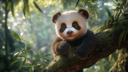 Obraz premium pandbear climbing up tree in the forest, baby pandclumsily climbs tree, its black and white fur making it look like little teddy bear