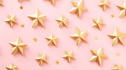 Obraz premium Gold Glitter Stars on Pink Background Festive Decoration Holiday Decor Christmas Ornament