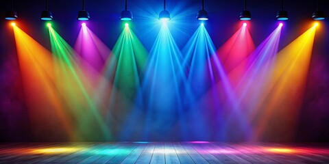 Colorful stage lighting casting vibrant hues on a dark blue studio background