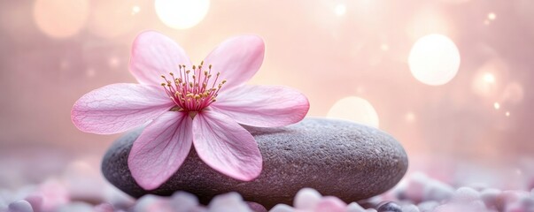 Pink cherry blossom on a zen stone