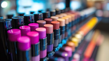 Obraz premium 19. A vibrant cosmetics display featuring matte lipsticks, glowing blushes, and moisturizing foundations, emphasizing a smooth and flawless finish for natural beauty