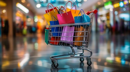 Shopping Spree: A miniature shopping cart overflowing with colorful shopping bags, capturing the excitement and indulgence of a retail therapy spree. The blurred background of a bustling shopping mall