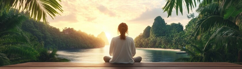 Digital Nomad Lifestyle Embracing Flexibility and Creativity While Working Remotely in Stunning Locations, A Woman Meditates by a Tranquil Lake at Sunset, Surrounded by Lush Greenery, Illustrating