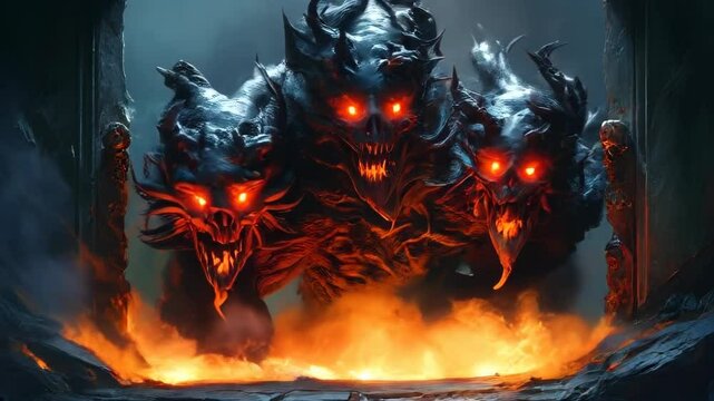 Cerberus, the three-headed beast, stands menacingly before a grand, towering door