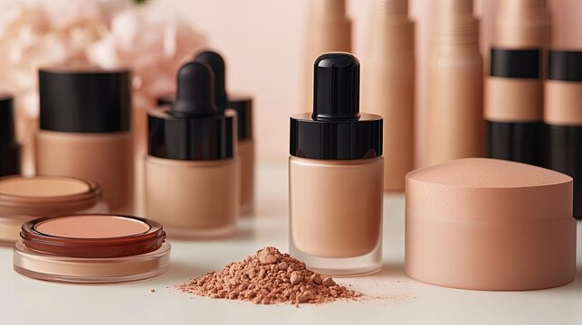 17. A detailed shot of matte foundation and blush, alongside hydrating serums and glowing highlighters, arranged in a modern vanity setting, emphasizing smooth, natural beauty