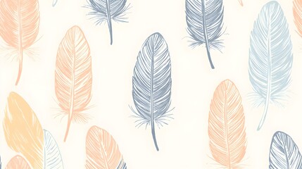 Seamless Pattern with Watercolor Feathers in Blue and Peach Tones