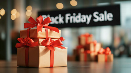 Stack of gift boxes wrapped in red ribbons, set against a festive backdrop with glowing lights and a bold 'Black Friday Sale' sign in the background, emphasizing discounts and holiday shopping deals.