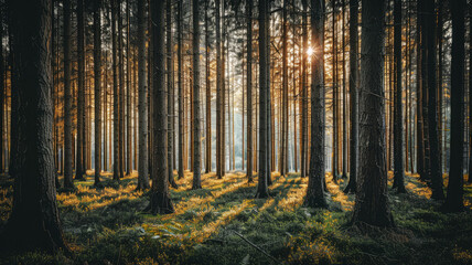 Obraz premium Forest background with tall pine trees and sunlight filtering through