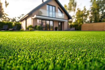 Modern landscape design with artificial grass on lawn in backyard in front of suburban house. Texture of neatly cut green grass on manicured lawn