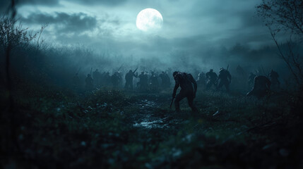 Undead soldiers marching through a battlefield at night, their armor clanking in the cold, moonlit air as they rise from the ground.