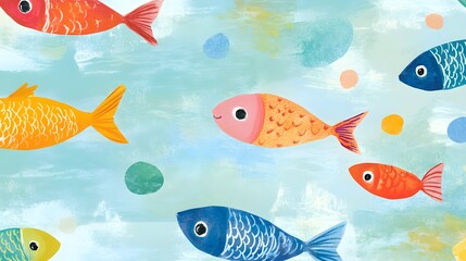 Naklejka premium Colorful Fish Illustration with Aqua Background and Abstract Circles