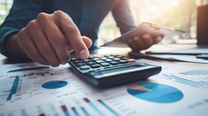 Business Financial Data Analysis on Office Desk with Calculator and Documents