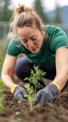 Fototapeta premium A woman plants a sapling in a garden, focusing on her task. She wears green gloves and is kneeling in the soil.