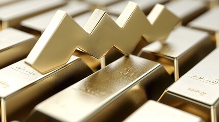 Gold bars stacked elegantly, a zigzag symbol represents fluctuating market trends, reflecting the dynamics of wealth and investment strategies in precious metals.