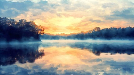 Serene Morning Mist, tranquil lake reflecting soft pastel hues of dawn, enveloped in gentle fog and surrounded by silhouettes of trees, an inviting peaceful escape.