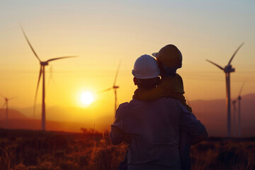 Father and son silhouette with clipping path in hard hat Happy dad carrying son on shoulders checking project at wind farm site on sunset in evening time. 