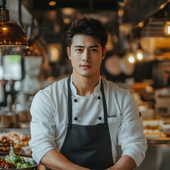 Fototapeta premium Chef confidently stands in a bustling kitchen, surrounded by culinary creations, embodying professionalism and passion for exquisite cooking.