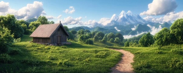 Fototapeta premium Peaceful Mountain Cabin Serene Surroundings for Relaxation, Gratitude, and Balance, Inspiring Nature Photography