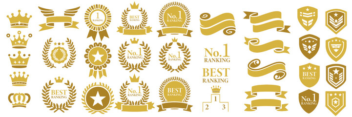 Gold Medal and Laurel Wreath Illustration with Vintage Frames, Shields, and Crowns for Championship, Awards, and Leadership Achievements - Trophy and Rank Design Elements Collection
