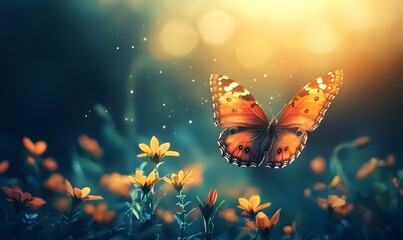 Butterfly Gliding Over Wildflowers, A delicate butterfly flutters gracefully above a vibrant field, showcasing nature's beauty and serenity.