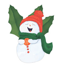 Snowman laughing with holly leaves illustration watercolor color composition children's light and bright for design printing and web use