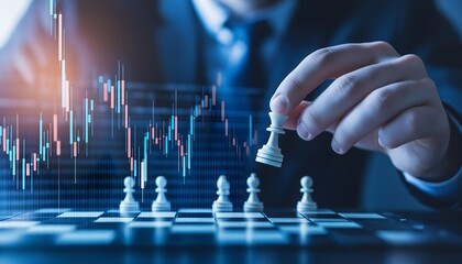 Business strategy concept with businessman playing chess on financial background, stock market graph overlay symbolizing investment, growth, and decision-making