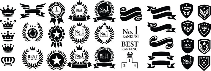 Gold Medal Illustration with Laurel Wreaths, Vintage Shields, Frames, and Crowns for Championship and Award Achievements - Trophy, Rank, and Leadership Design Elements Set
