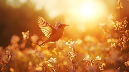 Vibrant bird soaring through a warm golden sky, wings spread wide, embodying freedom and the beauty of nature's palette.