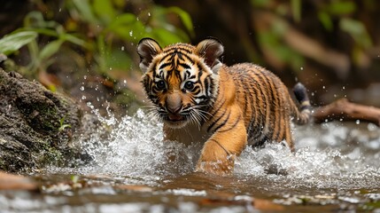 A playful tiger cub splashing in a jungle stream