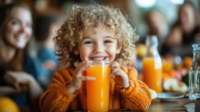 A child happily drinking fruit juice from a glass at a family gathering, the bottle in clear view on the table, everyone smiling and enjoying